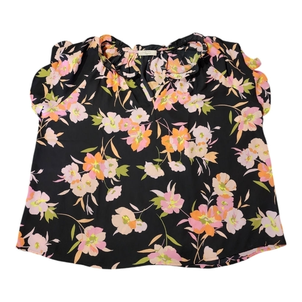 Beacon Apparel Floral Ruffle Top Women’s 2X Black Multicolor Flowy Blouse